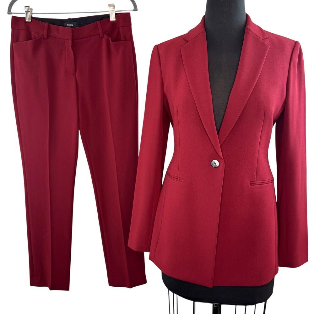 THEORY Burgundy Red Crepe Power Jacket Blazer 4 Izelle Straight Pant Suit 6